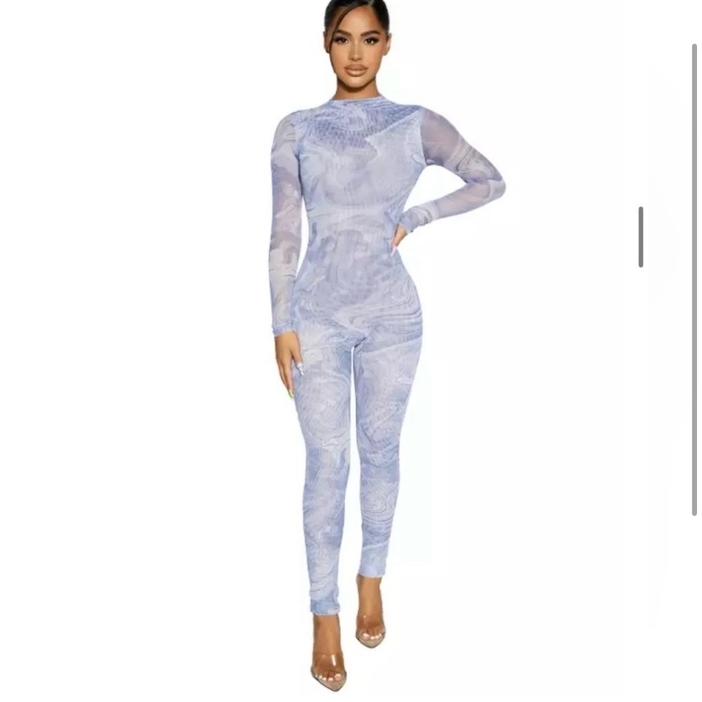 Naked wardrobe blue marble print mesh jumpsuit XS